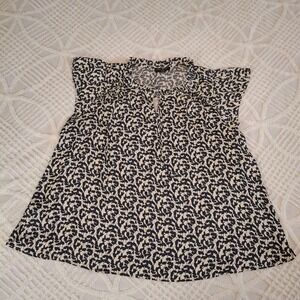Lane Bryant Size 26 28 Navy Blue Leaf Print Flutter Sleeve Mock Neck Blouse Top
